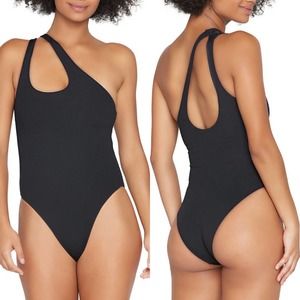 L*Space Phoebe One Shoulder Cut Out Ribbed One-Piece Swimsuit Black Women 4 NWT
